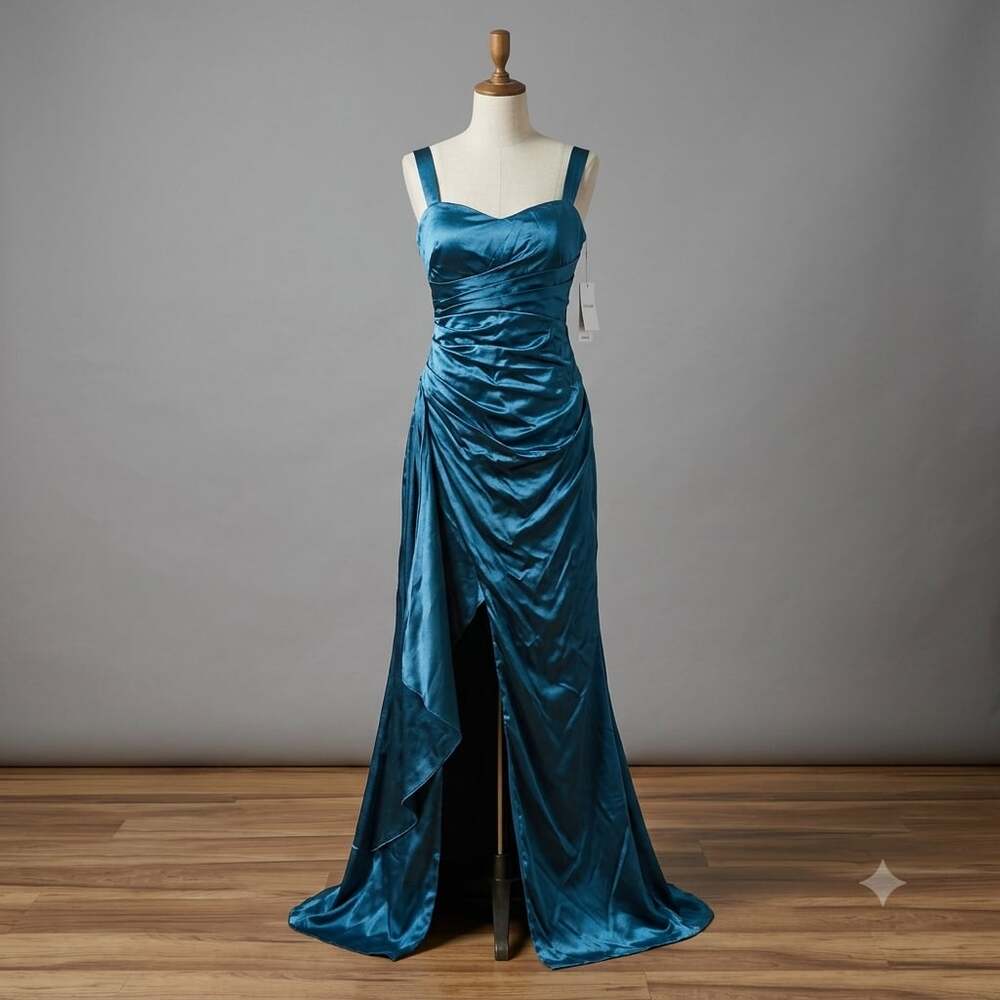 Teal Blue Satin Ruched Sleeveless Maxi Dress with High Split Size 2